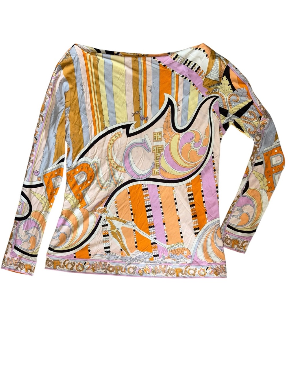 Emilio Pucci Peach Pink Logo Striped Polka Dot Print Long Sleeve Tee Top - 12